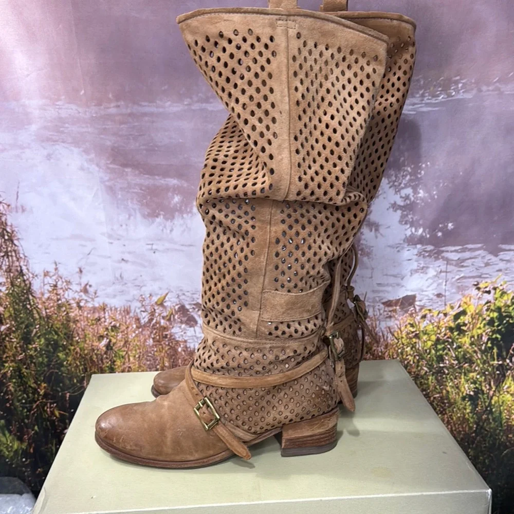 A.S.98 Tan Perforated Over-the-Knee Suede Boots